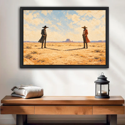 Desert Cowboys Canvas Wall Art framed above a wood console with linen and lantern.