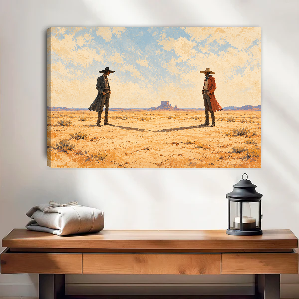 Desert Cowboys Canvas Wall Art unframed above a wood console with linen and lantern.