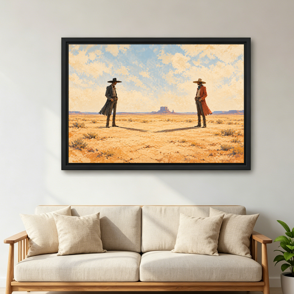Desert Cowboys Canvas Wall Art framed above a cream sofa with wooden arms.