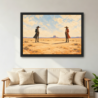 Desert Cowboys Canvas Wall Art framed above a cream sofa with wooden arms.