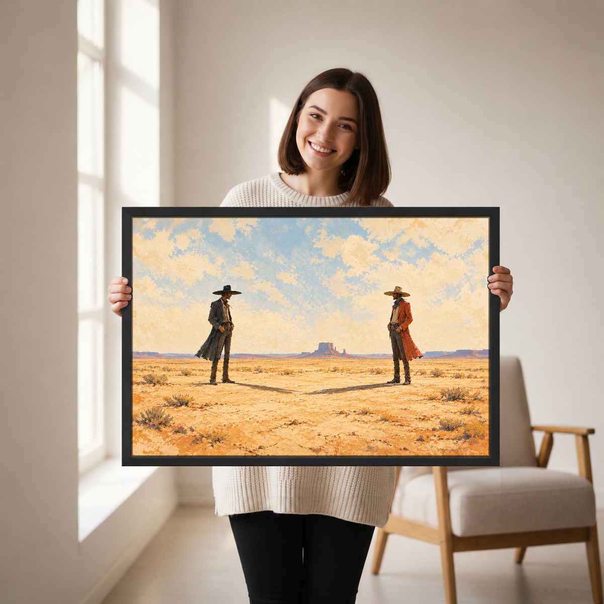 Desert Cowboys Canvas Wall Art held in a black landscape frame by a standing woman.
