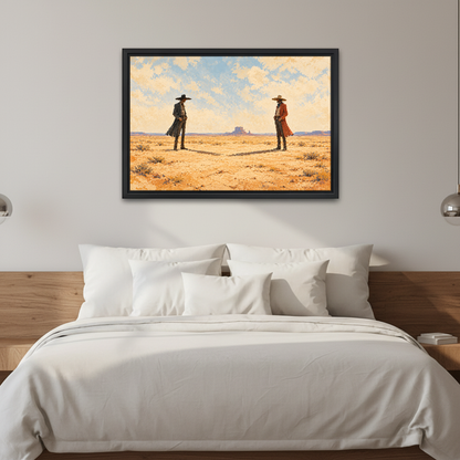 Desert Cowboys Canvas Wall Art framed above white bedding and a warm wood headboard.