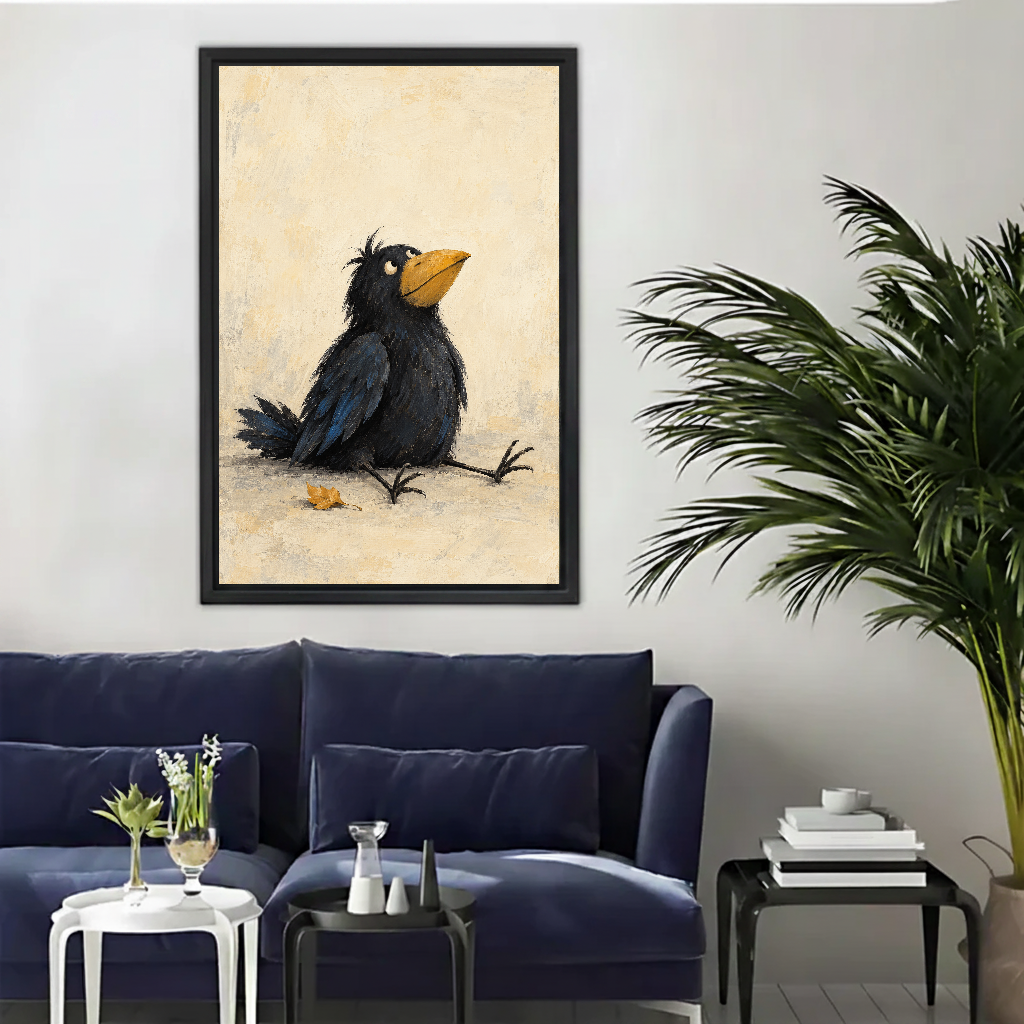 Daydreaming Black Bird Canvas Wall Art framed above a navy sofa with palm and side tables.