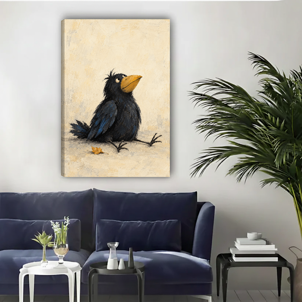Daydreaming Black Bird Canvas Wall Art unframed above a navy sofa beside a leafy palm.