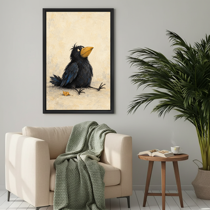 Daydreaming Black Bird Canvas Wall Art framed above a cream armchair with green throw.