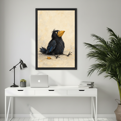 Daydreaming Black Bird Canvas Wall Art framed above a white desk with laptop and task lamp.