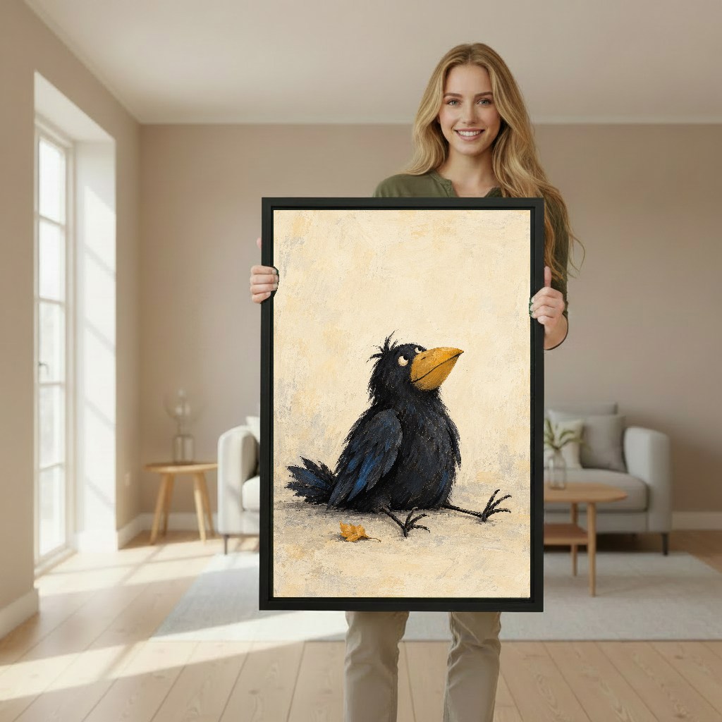 Daydreaming Black Bird Canvas Wall Art held in a black portrait frame by a standing woman.