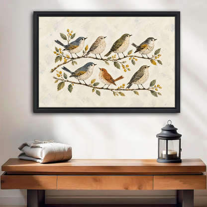 Branch Songbirds Canvas Wall Art framed above a wood console with linen and lantern.