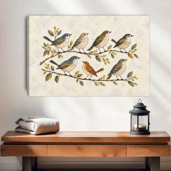 Branch Songbirds Canvas Wall Art unframed above a wood console with linen and lantern.