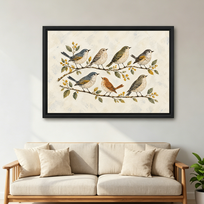 Branch Songbirds Canvas Wall Art framed above a cream sofa with wooden arms.