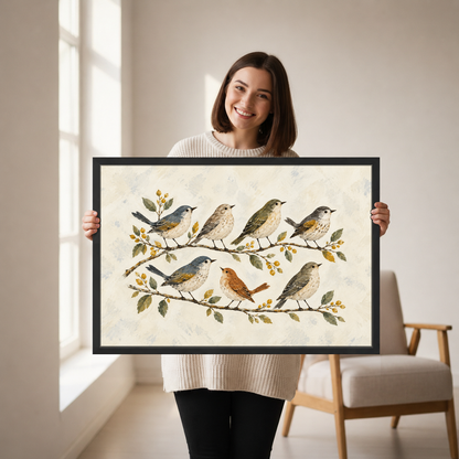 Branch Songbirds Canvas Wall Art held in a black landscape frame by a standing woman.