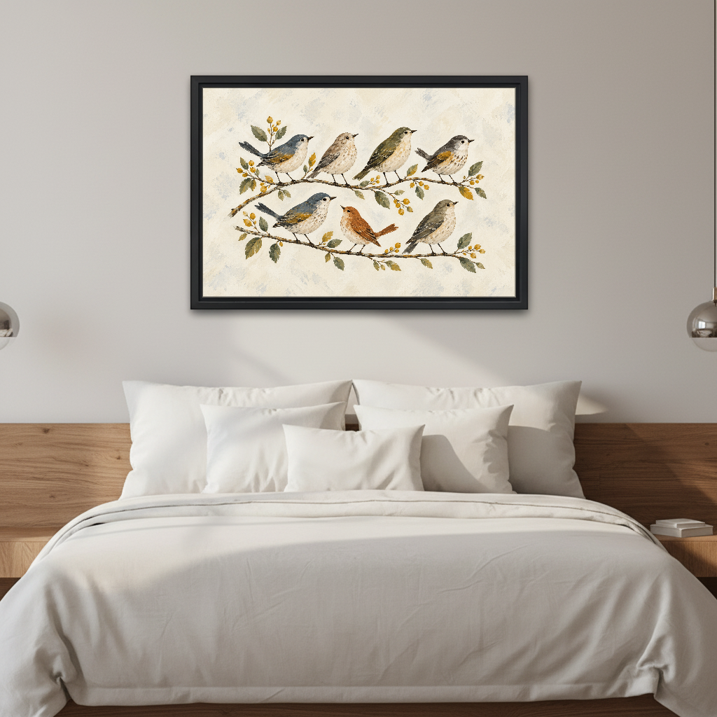 Branch Songbirds Canvas Wall Art framed above white bedding and a warm wood headboard.