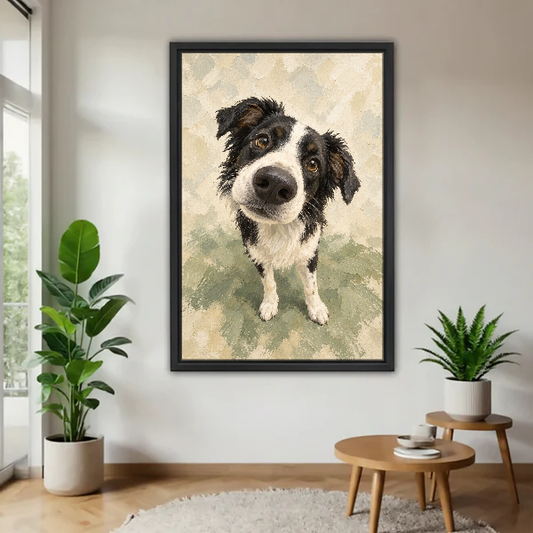 Curious Collie Canvas Wall Art framed above a wood table with green plants.