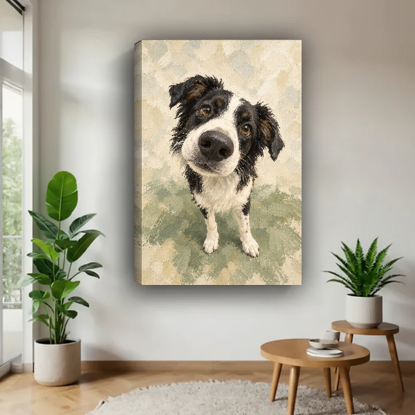 Curious Collie Canvas Wall Art unframed above a wood table with green plants.