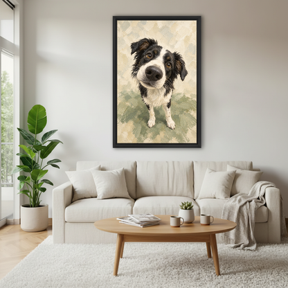 Curious Collie Canvas Wall Art framed above a white sofa and round coffee table.