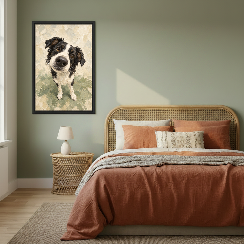 Curious Collie Canvas Wall Art framed above copper bedding against a muted olive wall.