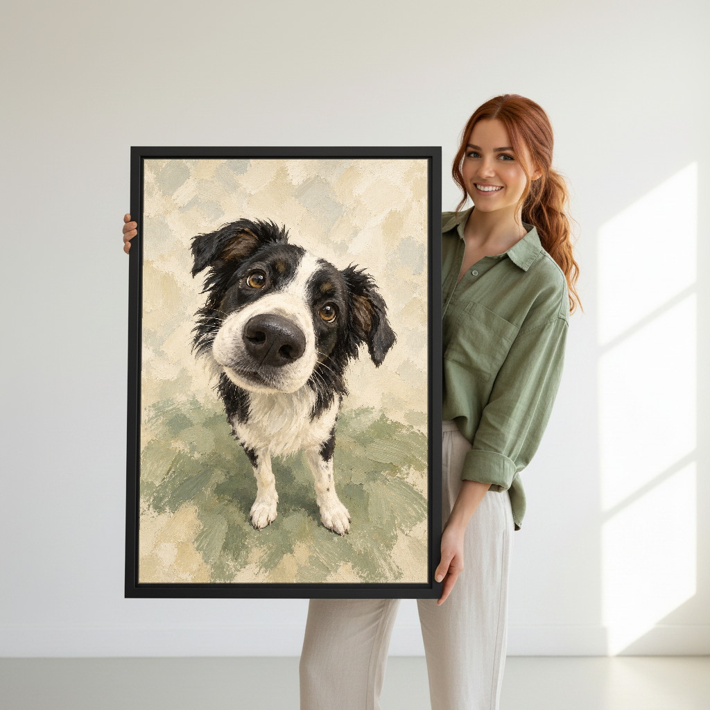 Curious Collie Canvas Wall Art held in a black frame by a woman wearing green.
