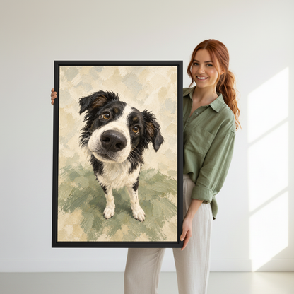 Curious Collie Canvas Wall Art held in a black frame by a woman wearing green.