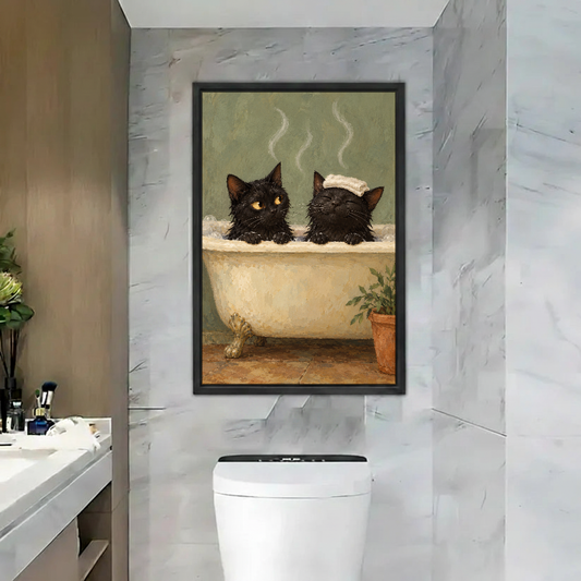 Bubble Bath Cats Canvas Wall Art framed above a toilet in a marble bathroom.