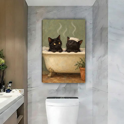 Bubble Bath Cats Canvas Wall Art unframed above a toilet beside a marble bathroom wall.