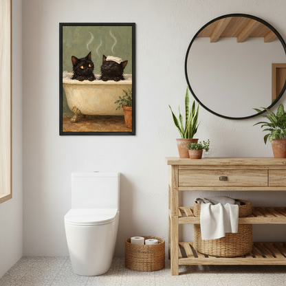 Bubble Bath Cats Canvas Wall Art framed above a toilet beside wood vanity and round mirror.