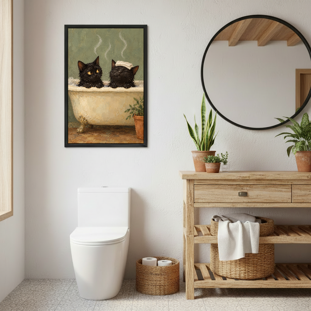 Bubble Bath Cats Canvas Wall Art framed in the repeated bathroom view with wood vanity and round mirror.