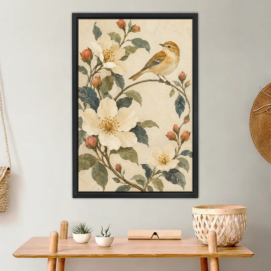 Blossom Songbird Canvas Wall Art framed above a light wood console with cacti.