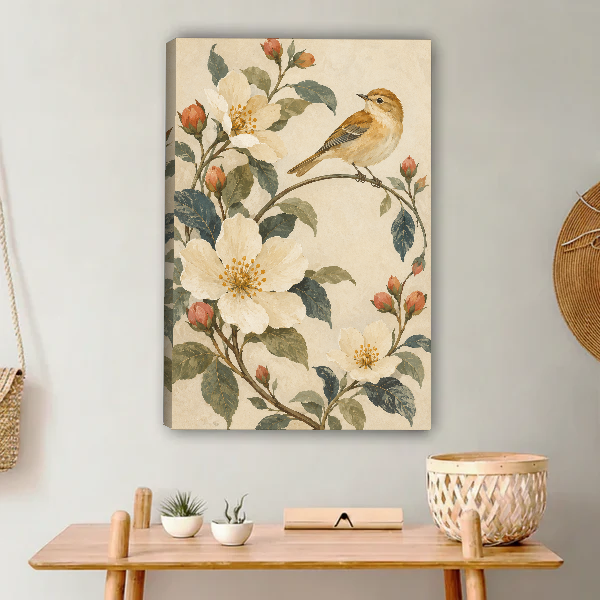 Blossom Songbird Canvas Wall Art unframed above a light wood console and woven basket.