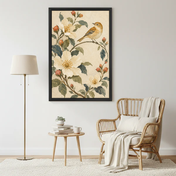 Blossom Songbird Canvas Wall Art framed beside a wicker armchair and floor lamp.