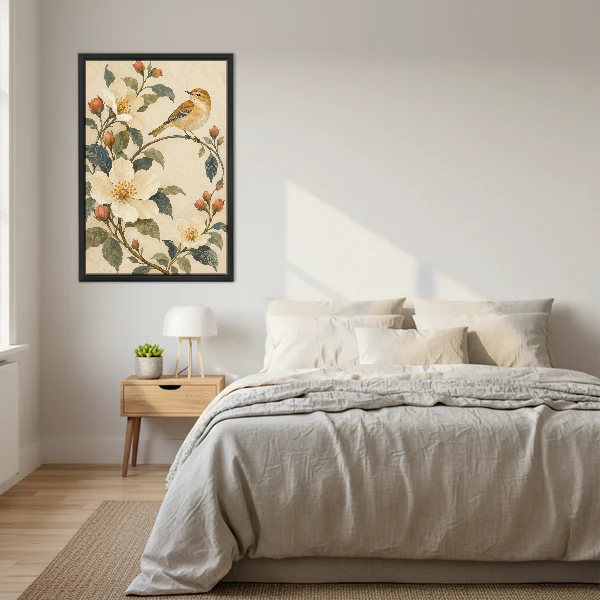 Blossom Songbird Canvas Wall Art framed above a cream bed with wooden nightstands.