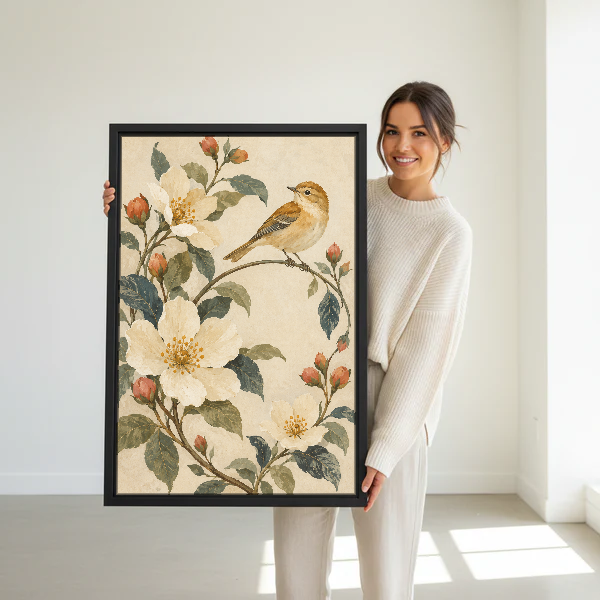 Blossom Songbird Canvas Wall Art held in a black frame by a standing woman in white.