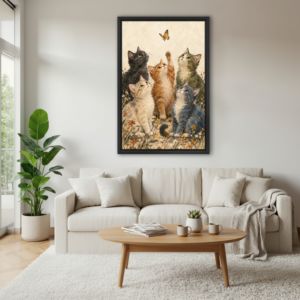 Butterfly Kittens Canvas Wall Art framed above a white sofa and round coffee table.