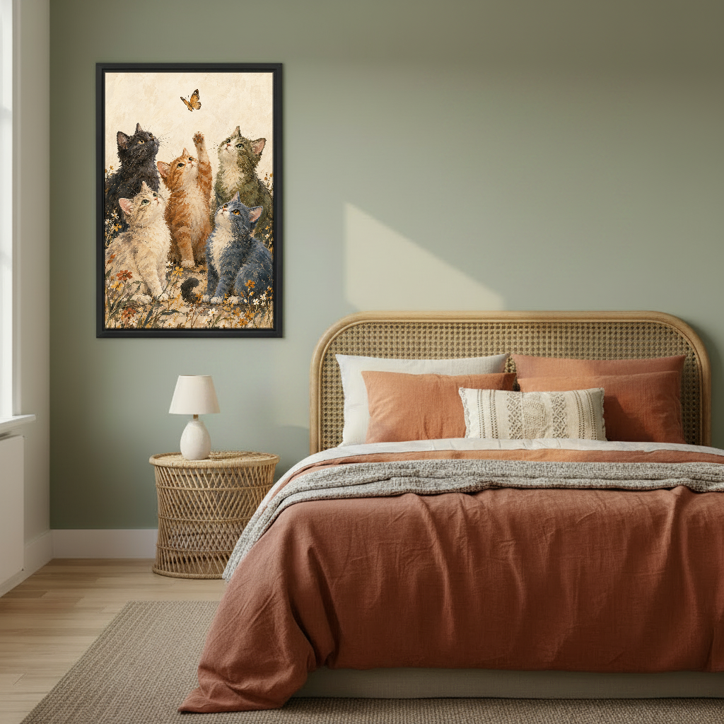 Butterfly Kittens Canvas Wall Art framed above copper bedding against a muted olive wall.