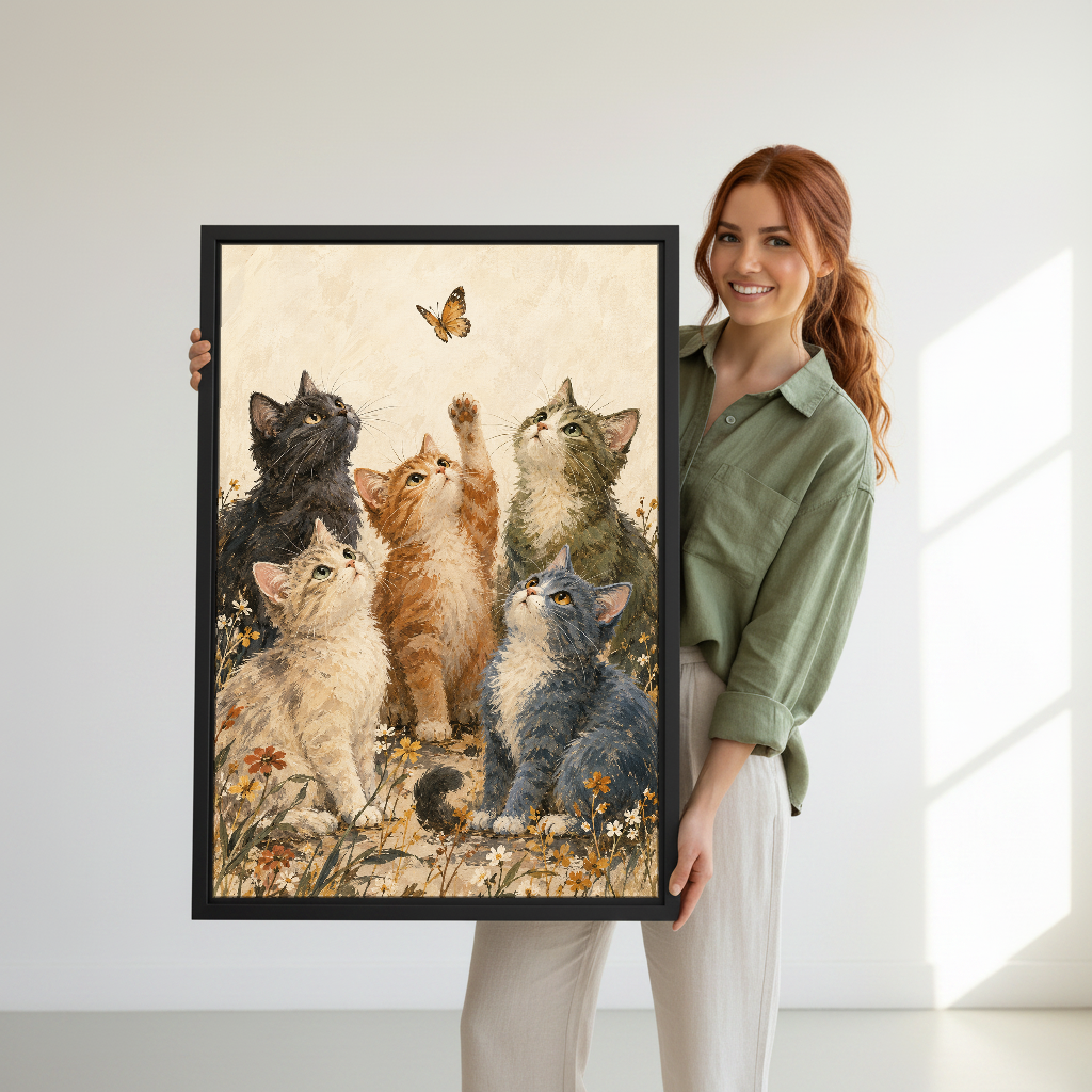 Butterfly Kittens Canvas Wall Art held in a black frame by a woman wearing green.