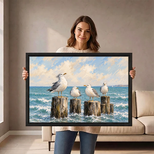 Coastal Gull Gathering Canvas Wall Art held in a black landscape frame by a standing woman.