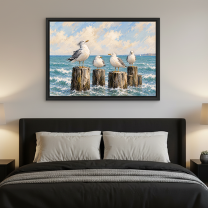 Coastal Gull Gathering Canvas Wall Art framed above charcoal bedding with pale pillows.
