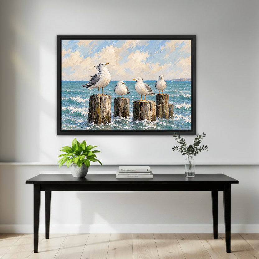 Coastal Gull Gathering Canvas Wall Art framed above a black console with green plants.