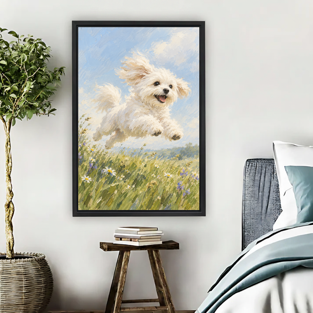 Meadow Puppy Canvas Wall Art framed beside blue bedding, a leafy plant, and books.