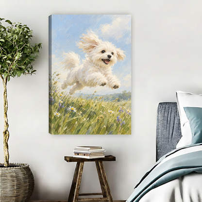 Meadow Puppy Canvas Wall Art unframed beside blue bedding and a leafy plant.