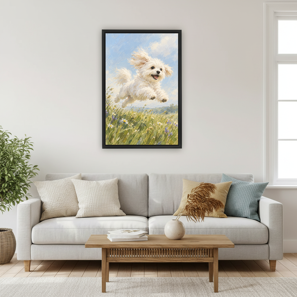 Meadow Puppy Canvas Wall Art framed above a pale gray sofa and wood table.