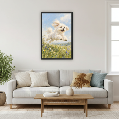 Meadow Puppy Canvas Wall Art framed above a pale gray sofa and wood table.