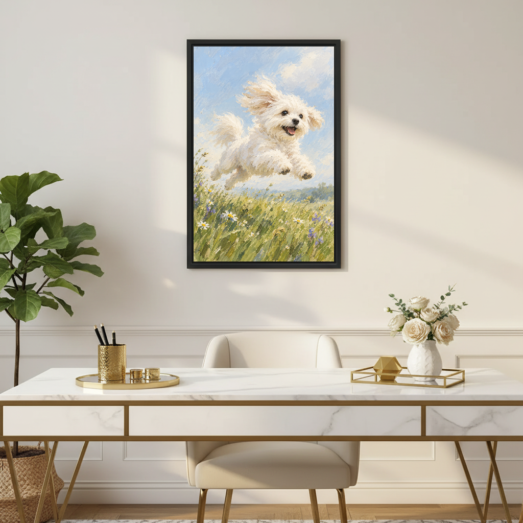 Meadow Puppy Canvas Wall Art framed above a white desk with flowers and chair.