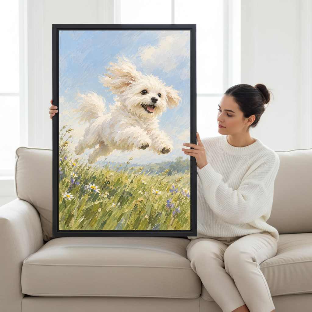 Meadow Puppy Canvas Wall Art held by a seated woman on a pale sofa.