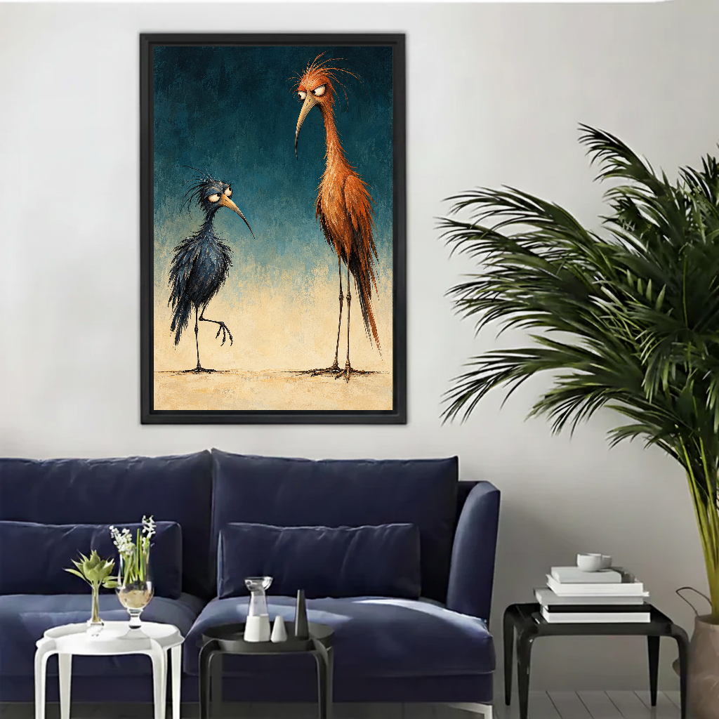 Scruffy Bird Pair Canvas Wall Art framed above a navy sofa with palm and side tables.
