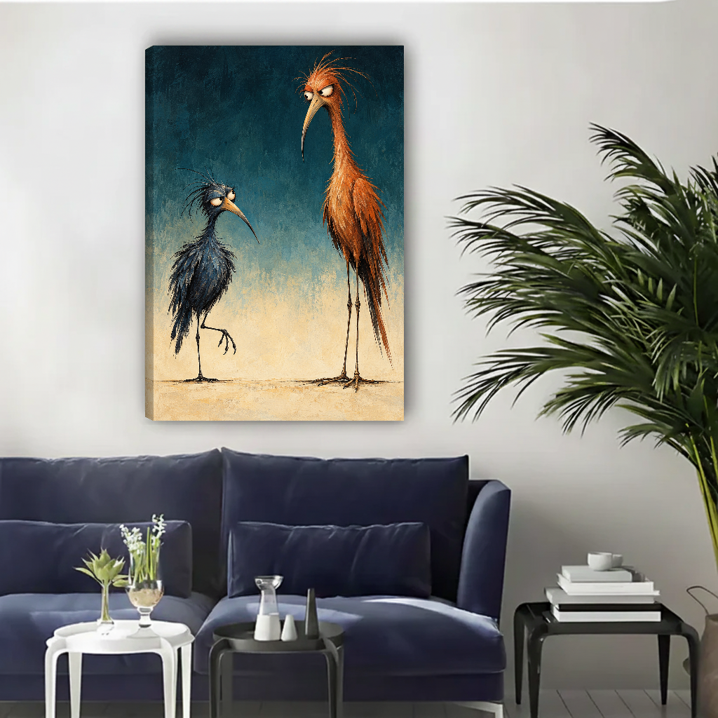 Scruffy Bird Pair Canvas Wall Art unframed above a navy sofa beside a leafy palm.