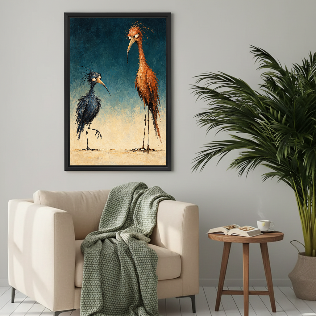Scruffy Bird Pair Canvas Wall Art framed above a cream armchair with green throw.