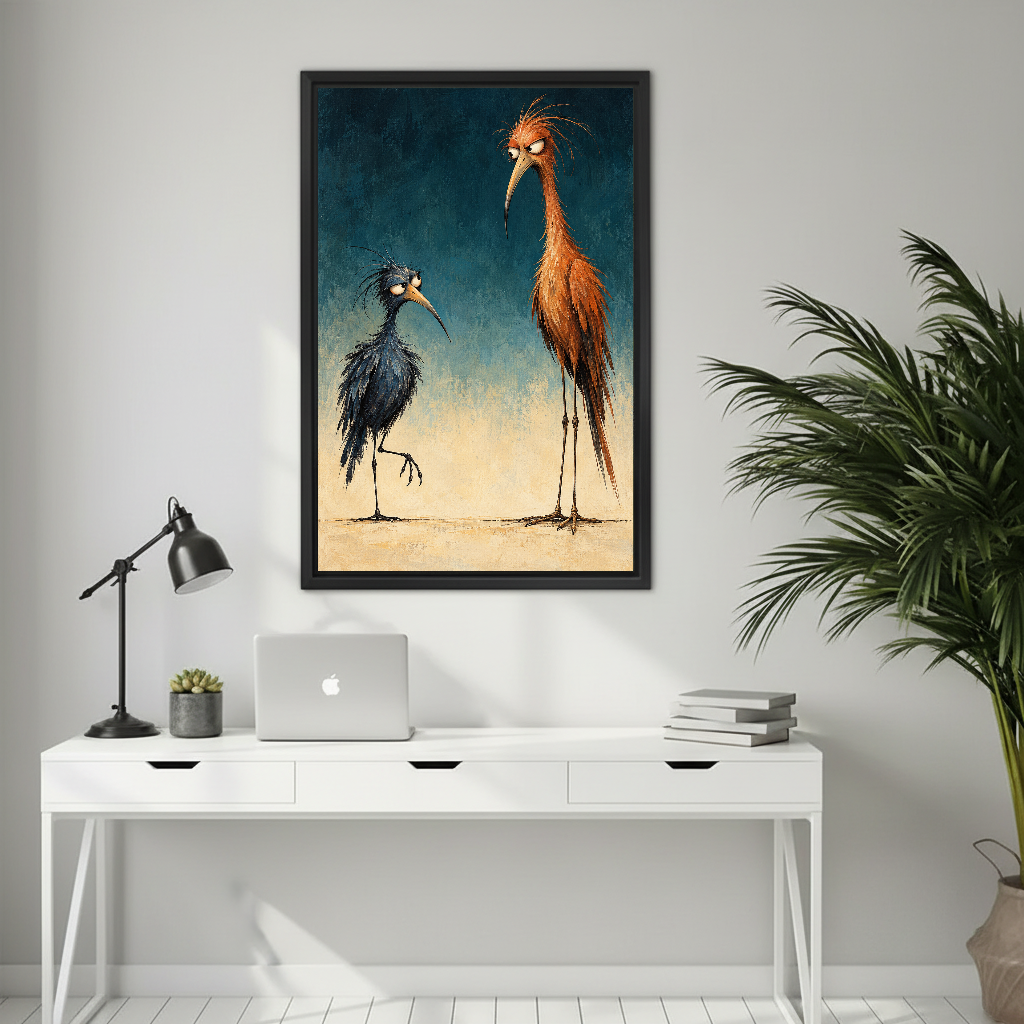 Scruffy Bird Pair Canvas Wall Art framed above a white desk with laptop and task lamp.