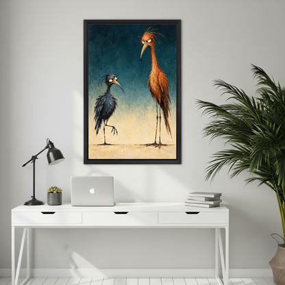 Scruffy Bird Pair Canvas Wall Art framed above a white desk with laptop and task lamp.