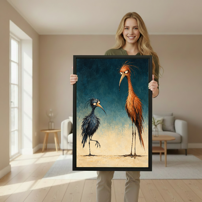 Scruffy Bird Pair Canvas Wall Art held in a black portrait frame by a standing woman.