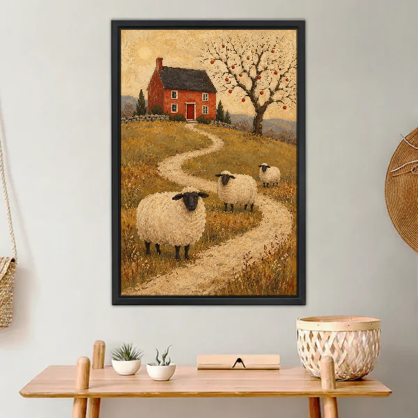 Cottage Sheep Path Canvas Wall Art framed above a light wood console with cacti.